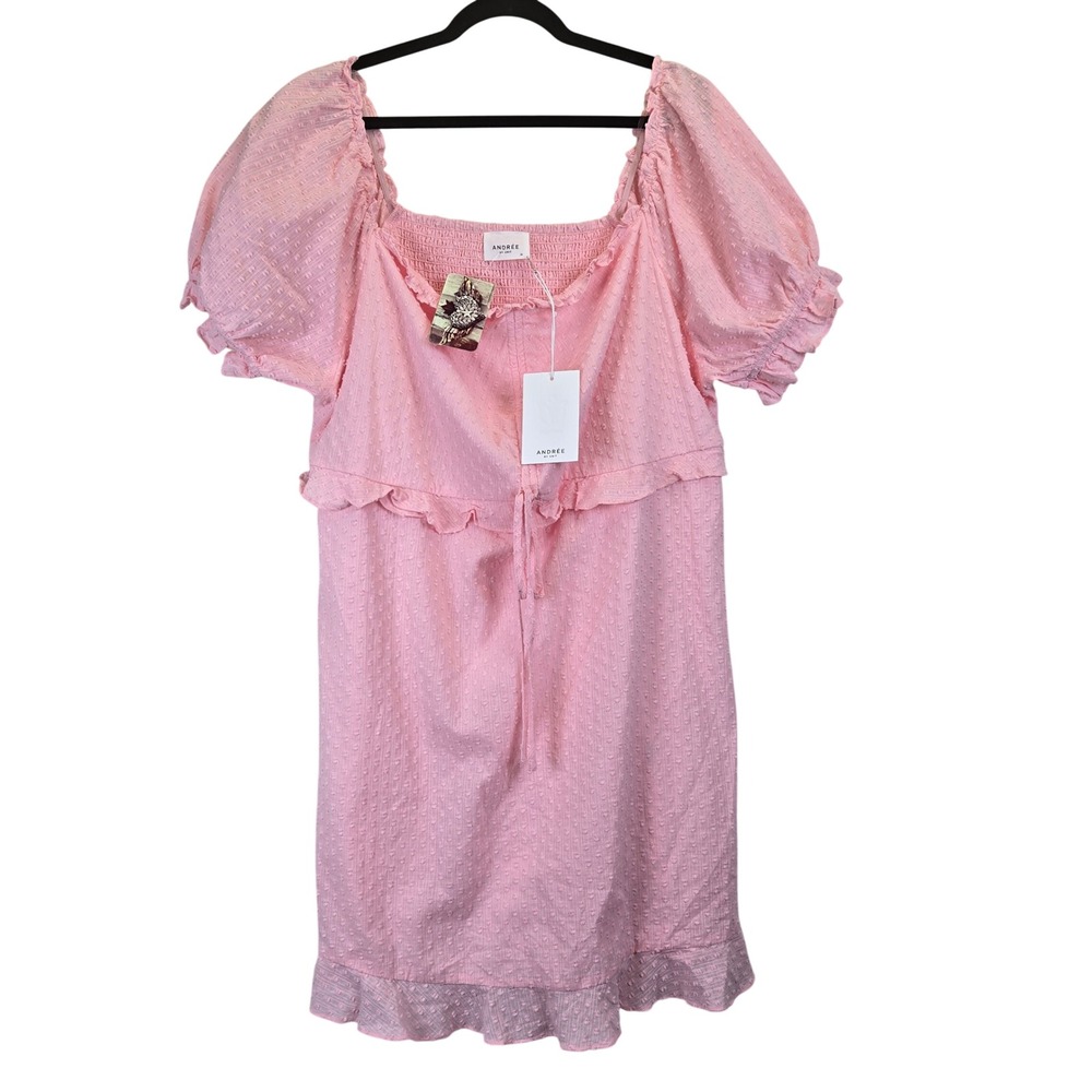 NWT ANDRÉE BY UNIT Pink Puff Sleeve Smocked Square Neck‎ Swiss Dot Dress Medium